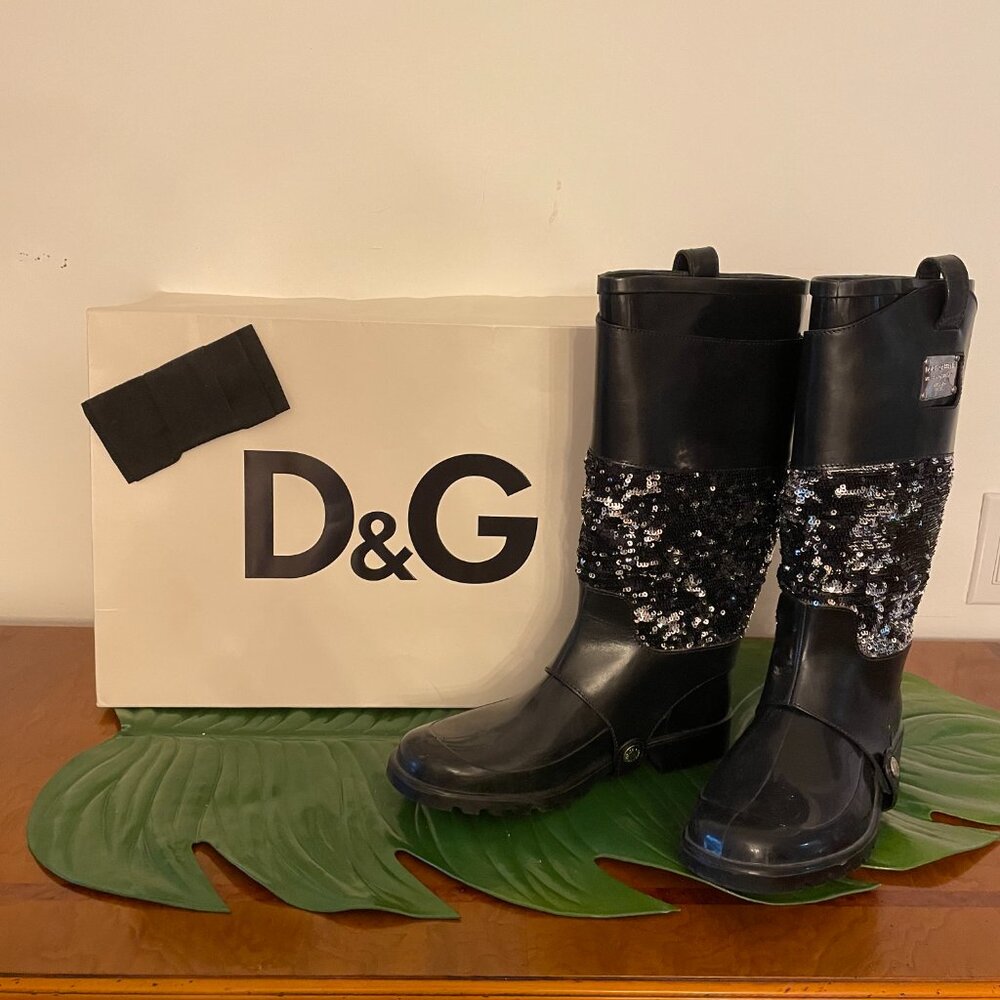 Dolce & Gabbana Sequins Embellished Leather Wellington Rubber Rain Boots